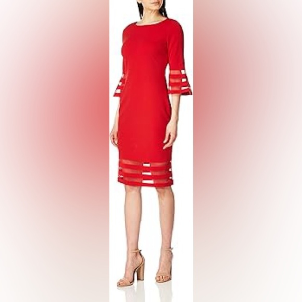 NWT Calvin Klein Mesh Illusion-trim Bell Sleeve Scuba Crepe Sheath Dress Red 18W - Picture 2 of 10